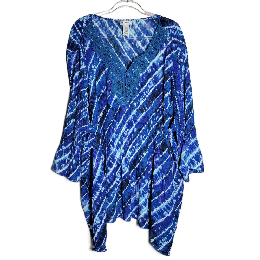 Catherine's Womensβ Plus Size 5X Blue Tie Dye Crochet Neck Tunic Top Shirt